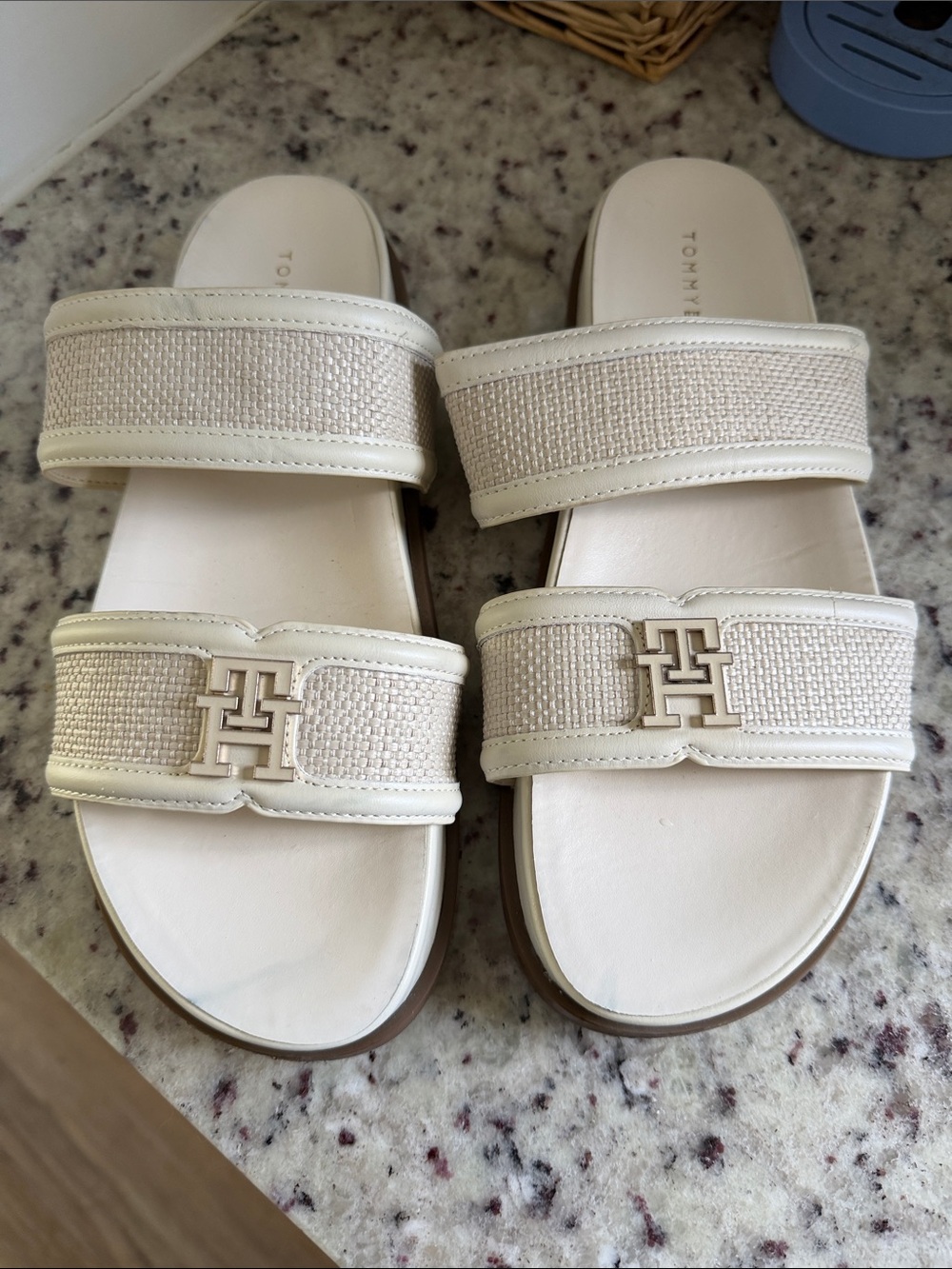 Tommy Hilfiger Woven Double-Strap Slide Sandals in Cream